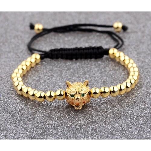 Classic Trendy Micro Pave CZ Leopard Braided Macrame Charm Bracelets Men Copper Beads Adjustable Bracelet Jewelry Gift