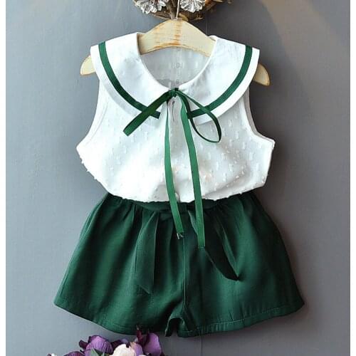 Girls Sets 2020 Summer New Childrens Clothing Girls Super-Yang Cute Bow Doll Collar Chiffon Shirt + Loose Lace Shorts Suit