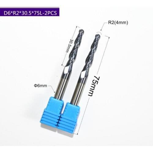 2PCS,R2.0*D6*30.5*75L,HRC55 solid carbide TiALN Coated Taper Ball Nose End Mill,spherical cone milling cutter,woodworking router