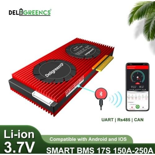 Deligreen Smart BMS 17S Li-ion 60V Bluetooth APP 150A 200A 250A 485 to USB device CAN+NTC UART togther Lithium Batteries 3.7V