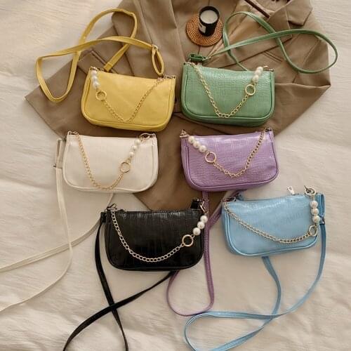 Fashion Alligato Pattern Shoulder Crossbody Bag Women Casual Solid Color Pearl Chain Messenger Handbag Portable PU Leather Purse