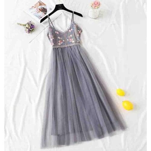Summer Sleeveless Sling Mesh Dress 2021 Women Fashion V-neck Floral embroidery Sexy Dresses Elastic waist A-line beach Dress