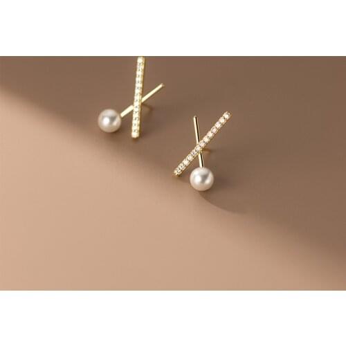 Real 925 Sterling Silver Cross Pendientes Zircon Stud Earrings For Women Girl Temperament Synthetic Pearl Silver Earring Gift