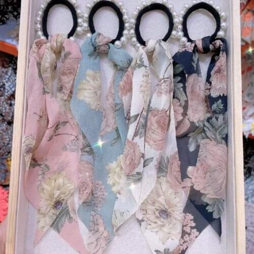 Korean Style Floral Bow Ribbon Hair Ties Girl Round Beads Beaded Rubber Band New Headdress for Women Fashion Hair Accessories