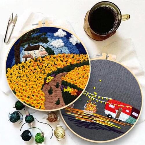 Countryside Landscape Embroidery Kit for Beginner, Flower Embroidery Kit, Handcraft Needlework, Starter Kit, DIY Needle Kit