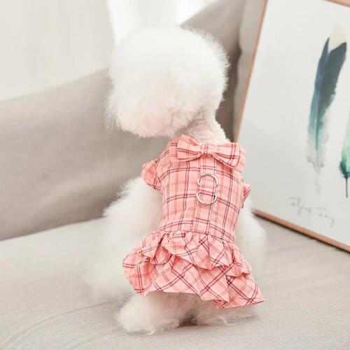 Pet Dog Pure Cotton Dresses Pink Khaki Lattice Korean Skirts With Leash For Small Puppy Dog Fashion Clothes Yorkshire Clothing