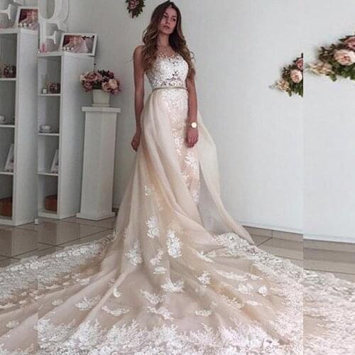 Sexy Jewel Neckline Two Pieces Mermaid Wedding Dresses Lace Appliques Beading with Detachable Skirt Bridal Gown