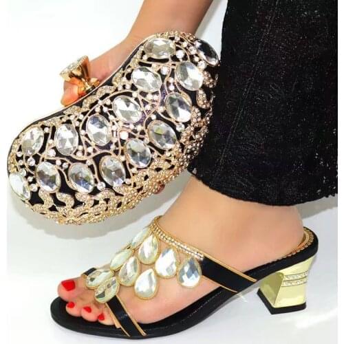 Fashion Big Crystal Handbag Matching Shoes With Rhinestone African Black Women Pumps And Bag Set For Dress V0763,Heel 6.5CM