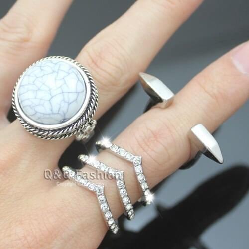 Pack of 3 Silver Plated Dome White Turkey Blue Stone Arrow Crystal Inlay Spike Stack Band Ring Jewelry New