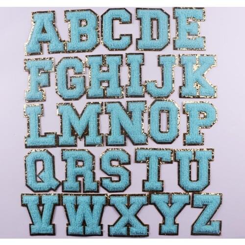 Light Blue English Letters Alphabet Towel Embroidered Patches For Children For Clothing Sew On Accessories Sequins Patch DIY
