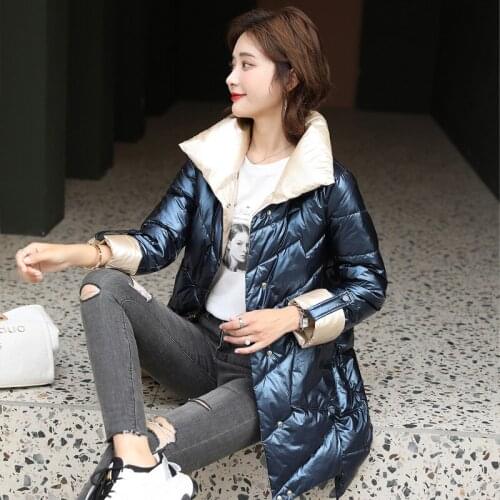 Down Cotton Womens Jacket Leather 2021 Autumn Winter New Long Loose Solid Color Stand-Up Collar Bright Face Fashion Coat
