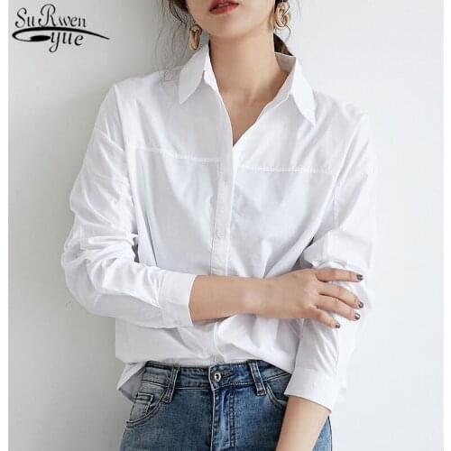 2021 Korean Autumn Wild White Shirt Long Sleeve Single Breasted Blouse Women Cotton Top Loose Casual Bottom Shirt 12657