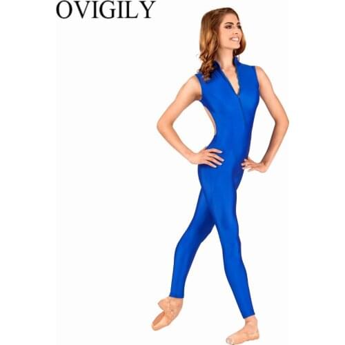 OVIGILY Front Zip Women Mock Neck Tank Unitard Adults Spandex Lycra Dance Unitard Bodysuits Black Sleeveless Unitards Catsuits