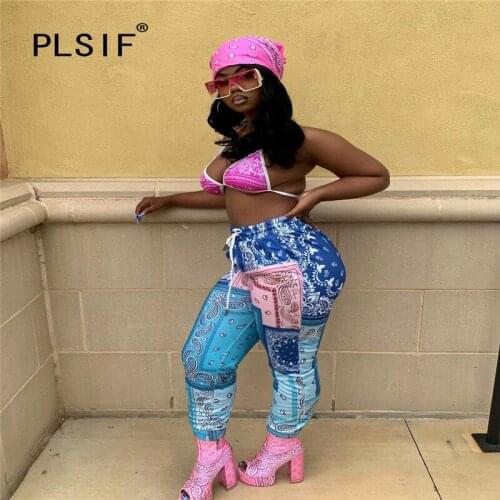 Womens 3-Color Pattern Contrast Trousers Fall Street Polyester Elastic Trousers