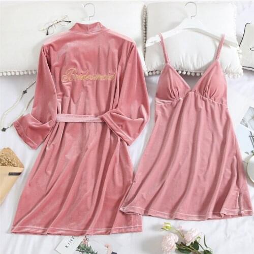 Women Embroidery Bride Bridesmaid Wedding Robe Velour 2PCS Nighty&Robe Set Sleepwear Velvet Kimono Gown Intimate Lingerie