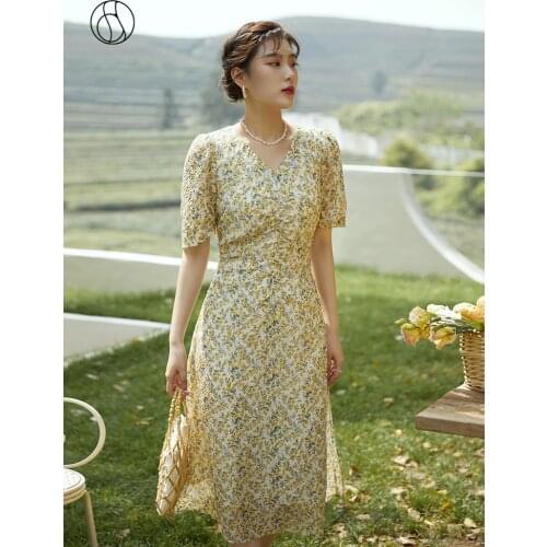 DUSHU Office Lady Long Yellow Floral French Dress V-Neck Women Clothes 2021 New Summer Dress Large Size Dress
