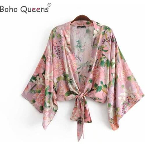 Boho Queens Floral Print Sashes short Kimono Women bohemian V Neck batwing Sleeves Ladies rayon cotton Blouses