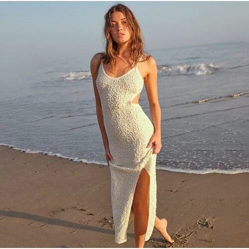 Womens 2021 summer new solid color pleated sleeveless dress hollow out solid color backless lace-up long dress