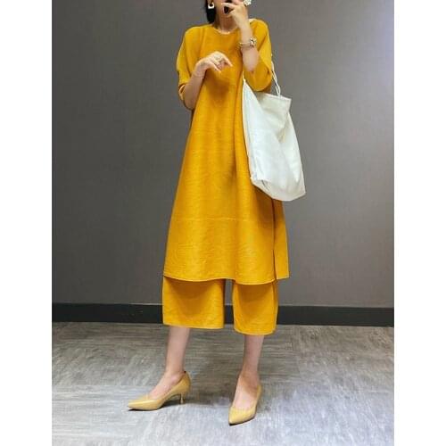 Miyake Pleated Fall 2021 Fashion Two Piece Dress Sets Plus Size Korean Fashion Long Dress Wide Leg Pants Sets