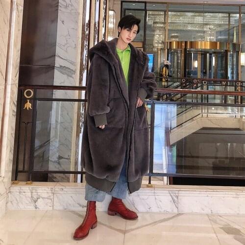 Winter Thick Warm Faux Fur Overcoat Loose Style Hooded Casual Coat Thick Plus Size Fur Coat Men Black Gray Zipper Up Male K18