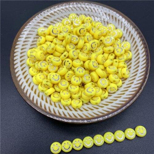 100pcs 7mm Silver Wire Yellow Oval Shape Acrylic Spaced Beads Smile-Face Beads For Jewelry Making DIY Charms Bracelet Necklac