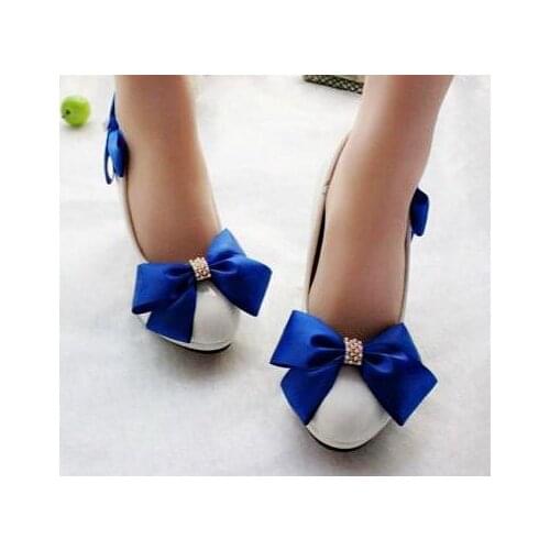 9CM high heels satin royal blue butterfly-knot wedding shoes bride handmade plus size ladies blue party dinner proms shoes woman