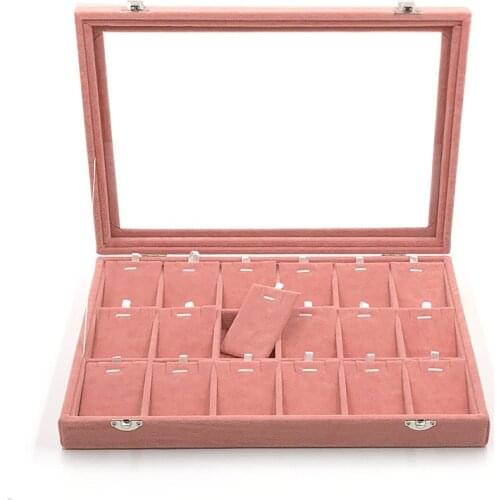 Velvet Jewelry Storage Box With Glass Cover Pink Color Earrings Necklace Bracelet Ring Storage Tray And Display Props 35*24*5cm