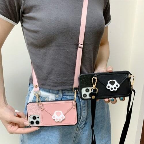 Cute Cat Paw Wallet Crossbody Case For iPhone 12Pro MAX 11Pro XS MAX XR 7 8Plus Crocodile Print Card Slot Lanyard Shoulder Cover