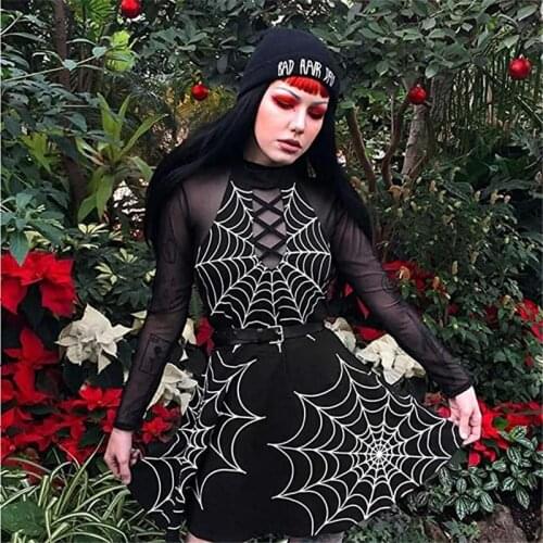 Black Slim Halloween High Waist Sexy Halter Lace-up Mini Dress Off Shoulder Dress Womens Gothic Hollow Halter Dress