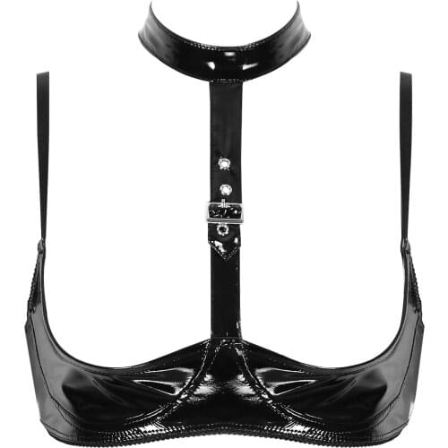 ChicTry Sexy Women open cup bra tops Wet Look Patent Leather Lingerie Halter Neck Adjustable Open Cups Wire-free Shelf Bra Top