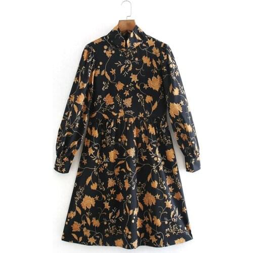 Hot-selling ladies stand-up collar long-sleeved chiffon dress flower print dress elegant temperament party club dress