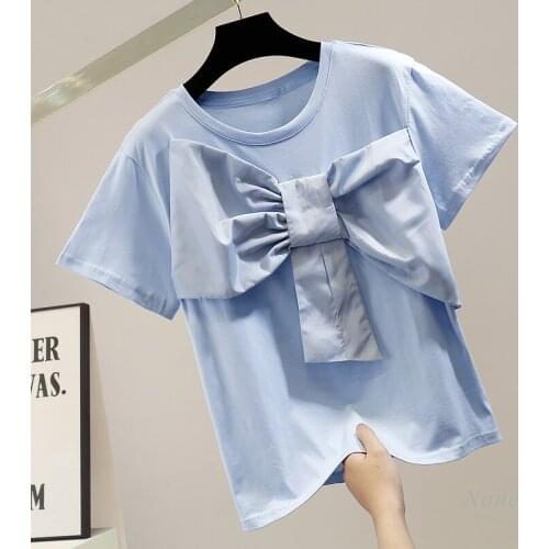 Sweet Tridimensional Big Bow Decorative Cotton Pullover Short Sleeve T-shirt Women Fashion Design Summer Casual Top Blue White