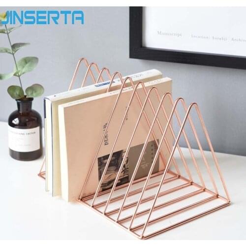 JINSERTA Rose Gold Bookshelf Desktop Metal Book Block Office Newspapers Magazines Storage Rack Home Decor Golden Shelf