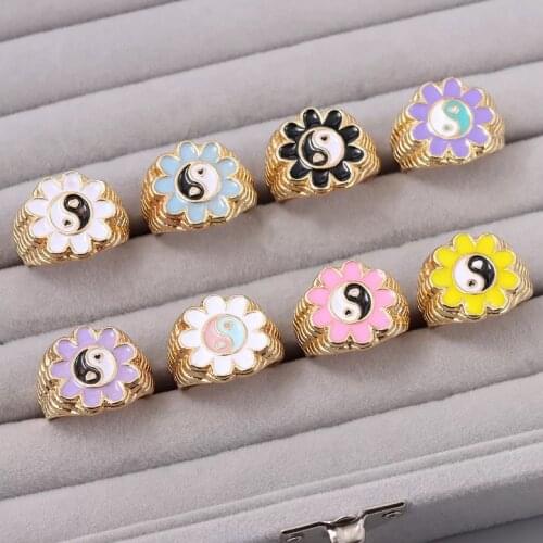 New Stainless Steel Ins Flower Yin Yang Ring Personality Creative Flower Tai Chi gossip ring For Women Girls Fashion Jewelry
