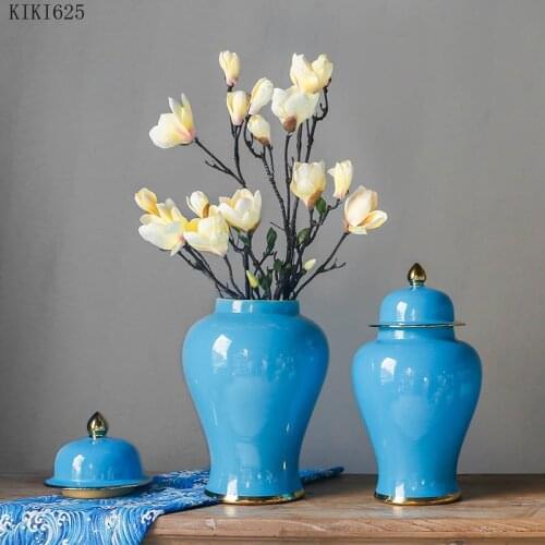Creative blue ceramic vase gold-plated sealed storage jar with lid desktop ornaments hydroponic flower vase large storage jar