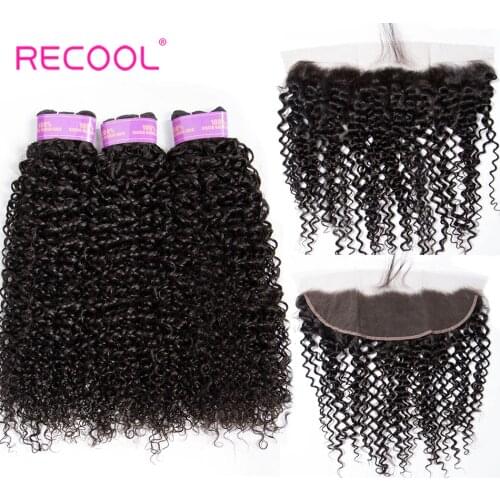 Recool Curly Human Hair 3 Bundles With Frontal Closure HD Transparent Brazilian Hair Weave Bundles With Lace Frontal Closure