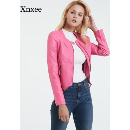 Pink 2020 Autumn Women Moto Faux Leather Jacket Black short Double Chains Long Sleeves Jackets Vintage Chic Cool PU leather Coat