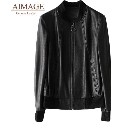 Autumn women sheepskin overcoat stand collar jacket women ring design zipper genuine leather elastic кожа натуральная PY100