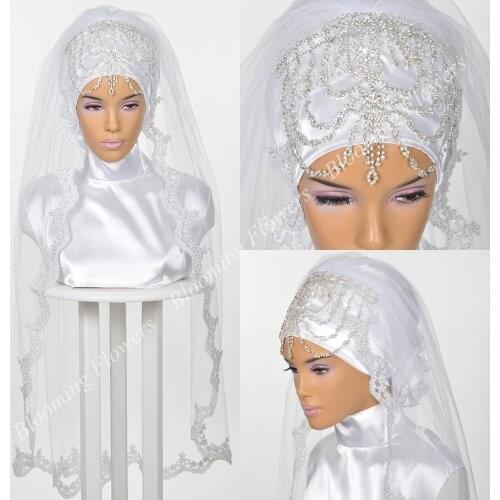 Muslim Wedding Bridal Hijab 2019 Luxury Crystals Lace Voile Khimar Islamic Nikkah Voile Mariage Veils One-Layer Fingertip Length