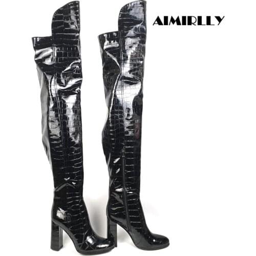 Shoes Women Round Toe High Heels Over knee boots Block Heel Black Patent Leather Female Winter Boots Zipper Customized