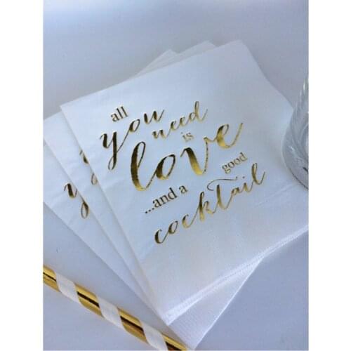 Personalised White with Metallic Gold Foil Cocktail Beverage Napkins Napkin All You Need is Love and a Cocktail Wedding party