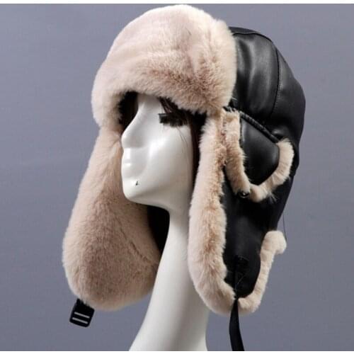 HT3454 PU Leather Rabbit Fur Bomber Hat Men Women Thick Warm Winter Hat Male Female Snow Ski Earflap Trapper Cap Russian Hat