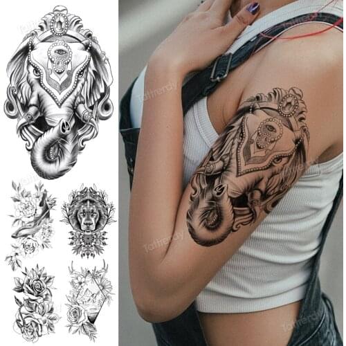 Tattoo waterproof sticker sketch line black tattoo anime elephant lion wing compass tattoo fake water transfer sexy for men girl