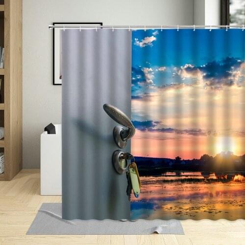 Beautiful Sunset Scenery Ocean Tropical Coconut Palm Trees Shower Curtain Lake Dusk Polyester Fabric Home Decor Bathtub Curtains