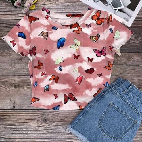 Women T Shirt Butterfly Print Crop Tops Summer Short Sleeve Round Neck Harajuku Tie-dye Print Short Y2k Egirl Teen Girls T-shirt