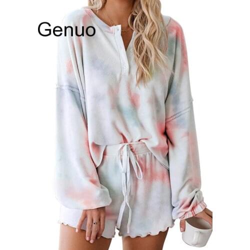 Womens Tie Dye Printed Ruffle Lounge Wear Short Sleepwear Set Long Sleeve Tops And Shorts Nightwear 2020 New Womens Clothing