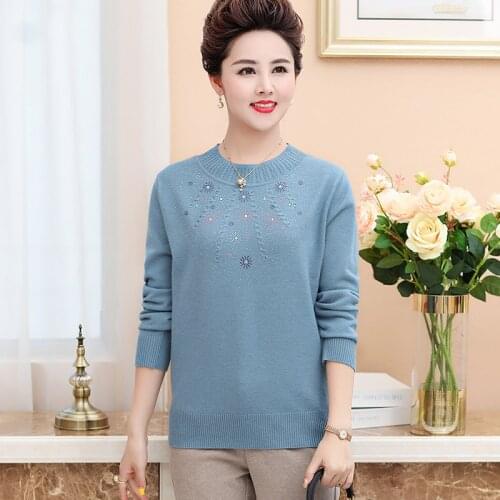 Women Cashmere Sweater Autumn Winter Beading Jumper Long Sleeve Middle Aged Mother Knit Tops Pullover Sweaters
