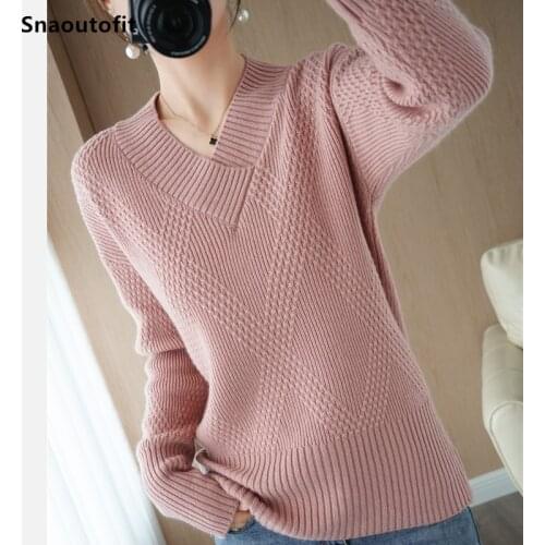 Winter 2021,Cross V-Neck,New Pure Wool Sweater For Women,Thick Loose Knit Bottoming Shirt,All-Match Solid Color Pullover,Fashion
