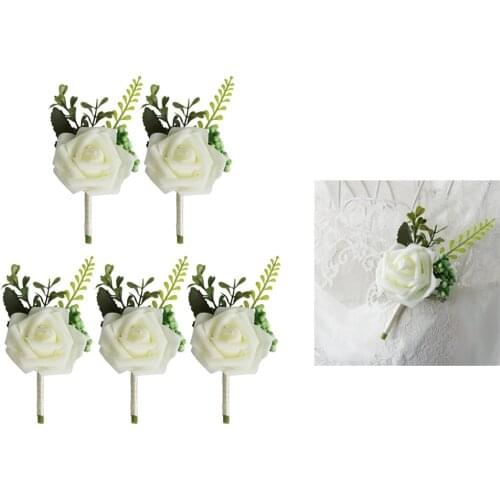5Pcs Wedding Boutonniere Artificial PE Rose Flowers Corsages for Bride Groom Groomsmen Bouquet Brooch, White