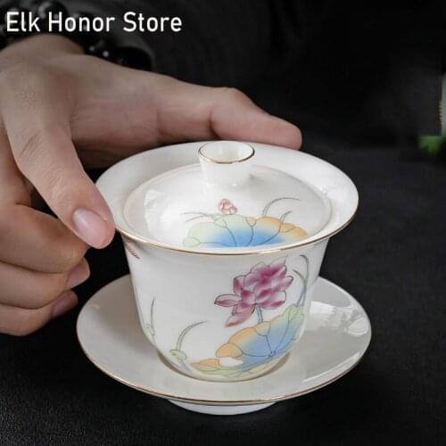 100ml Dehua Mutton Fat Jade White Porcelain Sancai Gaiwan Single Cups Hand Painted The Peony Tureen Household Kung Fu Teaware
